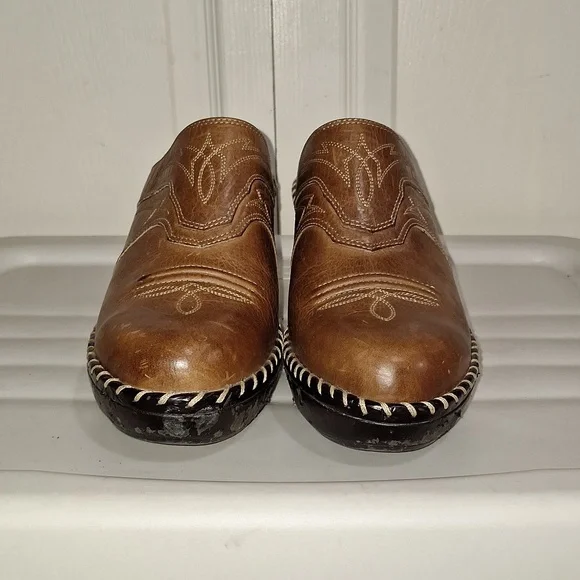 Sonora leather cowboy boot western mules clogs slip-on - brown embroidered - 10 - Picture 2 of 9
